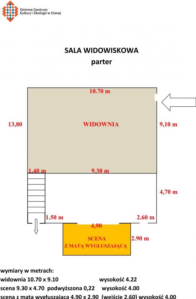 Schemat przedstawiający uklad i wymiary sali widowiskowej